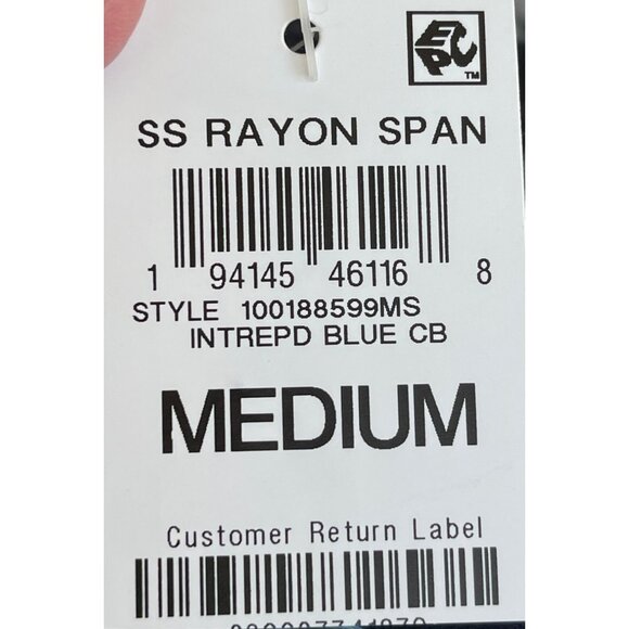 JM Collection Navy & Aqua Geometric Print Top With Sheer Ruffle Hem V-Neck - Picture 5 of 5